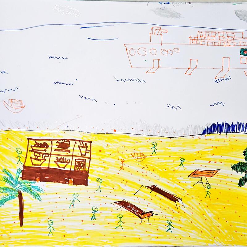 Beach Scene with Cruise Ship Drawing