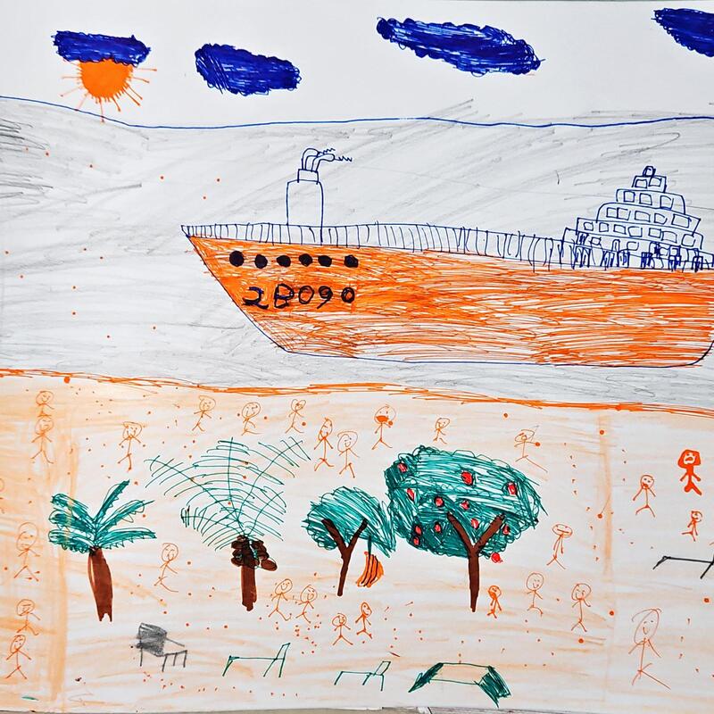 Large Ship at the Beach with People and Trees Drawing