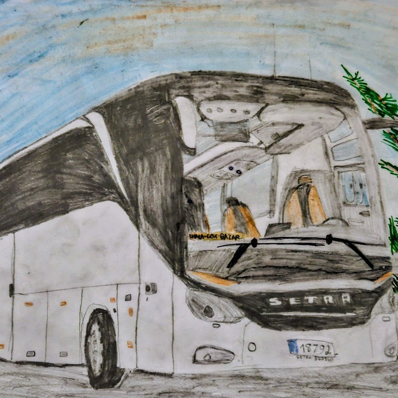 Hand-drawn sketch of a luxury Setra tourist bus, shaded in pencil with detailed windows, seats, and wheels. The drawing captures a scenic travel vibe, showing the bus on its route to Cox’s Bazar, surrounded by trees and a bright sky.